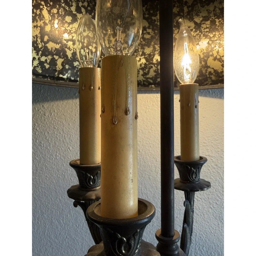 Vintage Brass Desk Table Lamp w/ Black And‎ Gold Designed Shade 4 Candle Lights